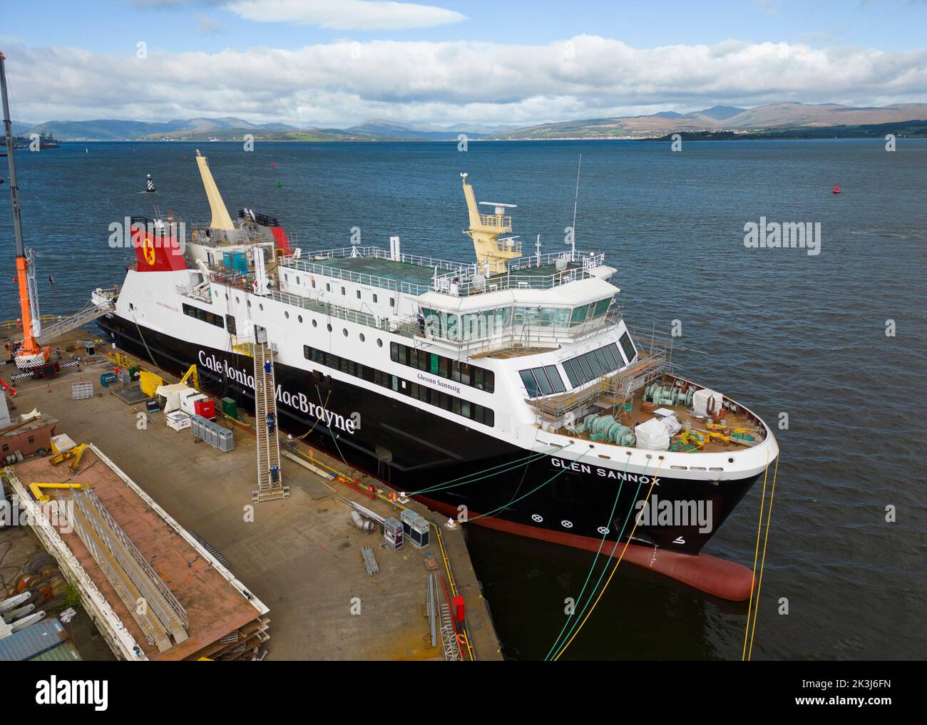 Port Glasgow, Scotland, UK. 27th September 2022. Aerial views of controversial passenger ferry MV Glen Sannox under construction at Ferguson Marine shipyard on the River Clyde. Further revelations about how the ferry, which is years late and over budget,  was procured are revealed today by a dossier compiled by the BBC. Iain Masterton/Alamy Live News Stock Photo