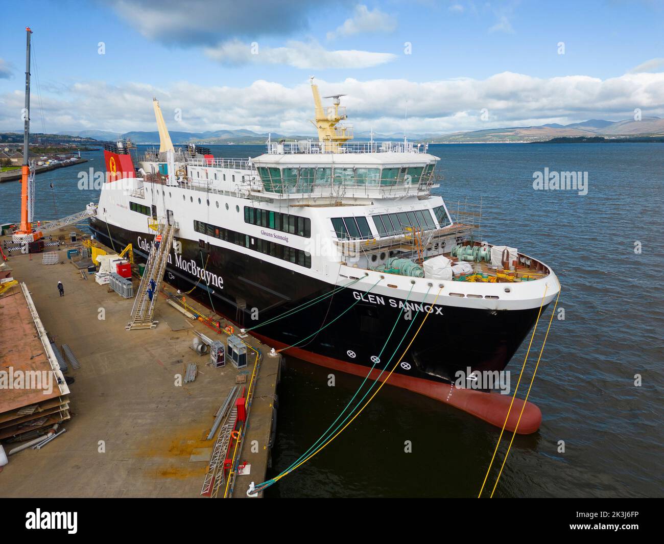 Port Glasgow, Scotland, UK. 27th September 2022. Aerial views of controversial passenger ferry MV Glen Sannox under construction at Ferguson Marine shipyard on the River Clyde. Further revelations about how the ferry, which is years late and over budget,  was procured are revealed today by a dossier compiled by the BBC. Iain Masterton/Alamy Live News Stock Photo
