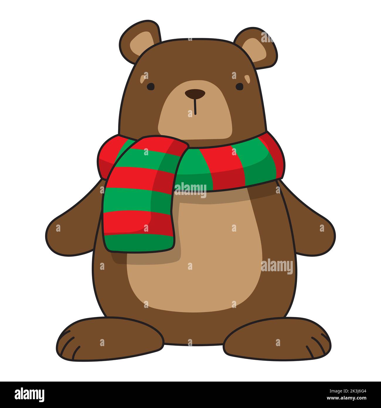 Cartoon brown bear in a red-green scarf. Winter christmas illustration. Childrens print. Vector illustration. Stock Vector