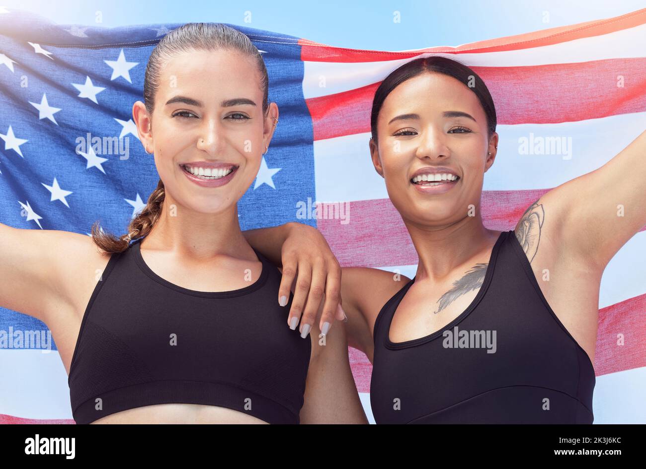 American flag, women and athlete portrait smile, freedom and justice patriotic symbol for female athletes. Teamwork, collaboration and sports girls Stock Photo