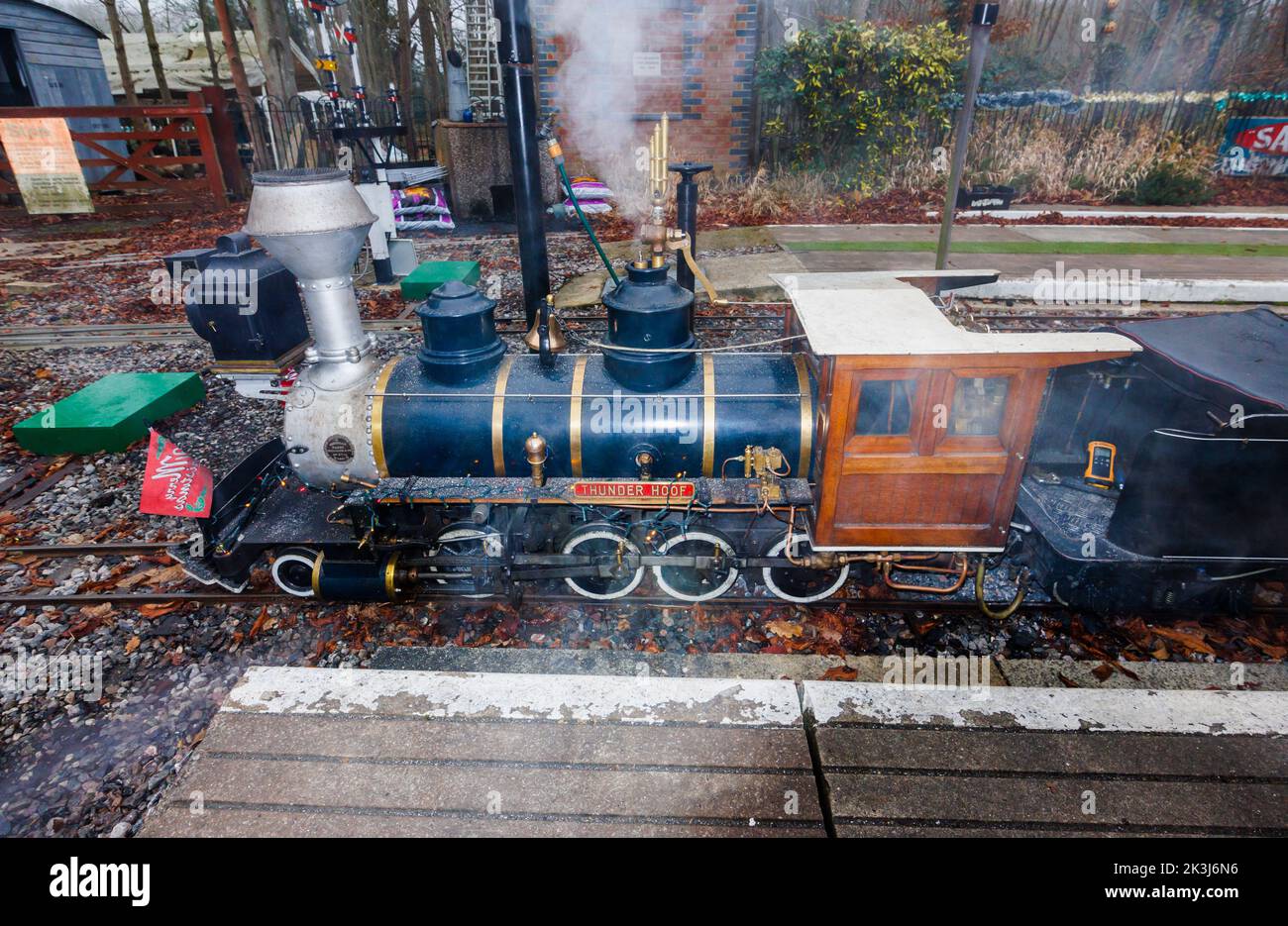 Mizens Railway, a 7¼ inch gauge miniature railway in Barrs Lane, Knaphill, Woking during its annual Christmas event: steam locomotive 'Thunder Hoof' Stock Photo