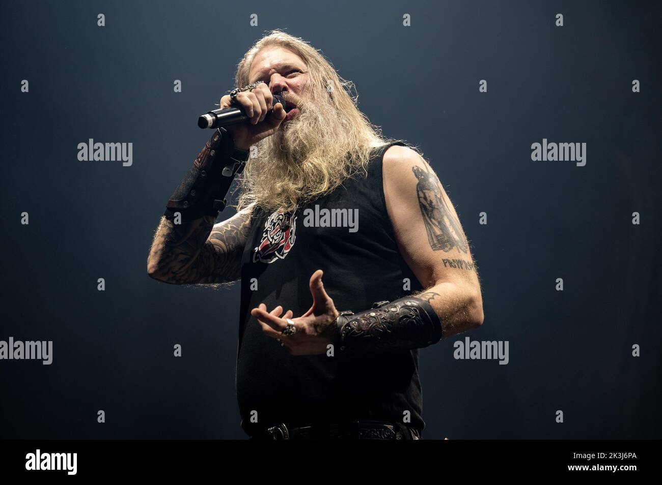 Copenhagen, Denmark. 26th Sep, 2022. The Swedish melodic death metal band Amon Amarth performs a live concert at Forum Black Box in Frederiksberg, Copenhagen. Here vocalist Johan Hegg is seen live on stage. (Photo Credit: Gonzales Photo/Alamy Live News Stock Photo