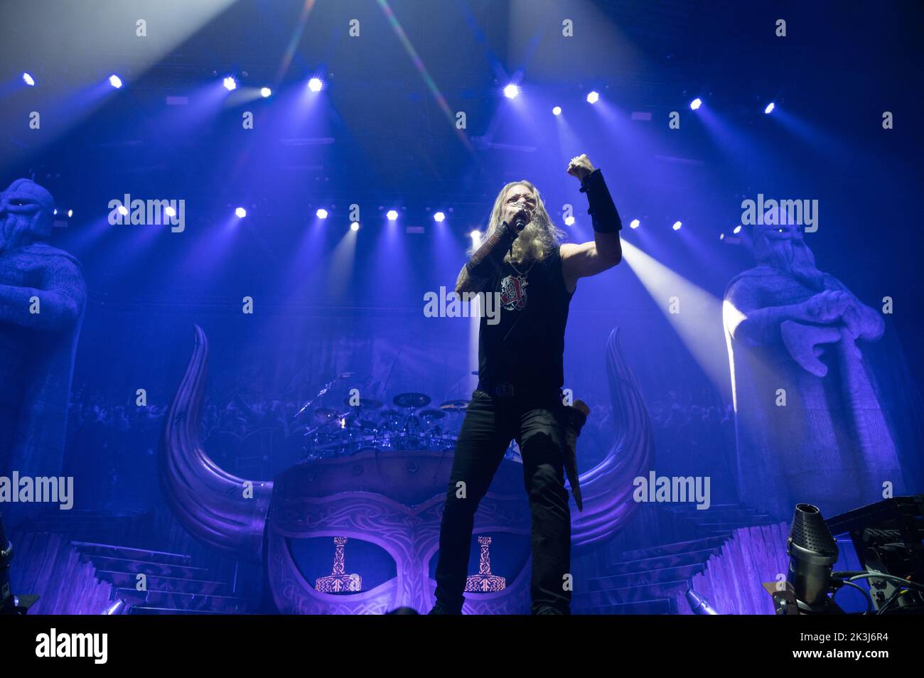Copenhagen, Denmark. 26th Sep, 2022. The Swedish melodic death metal band Amon Amarth performs a live concert at Forum Black Box in Frederiksberg, Copenhagen. Here vocalist Johan Hegg is seen live on stage. (Photo Credit: Gonzales Photo/Alamy Live News Stock Photo
