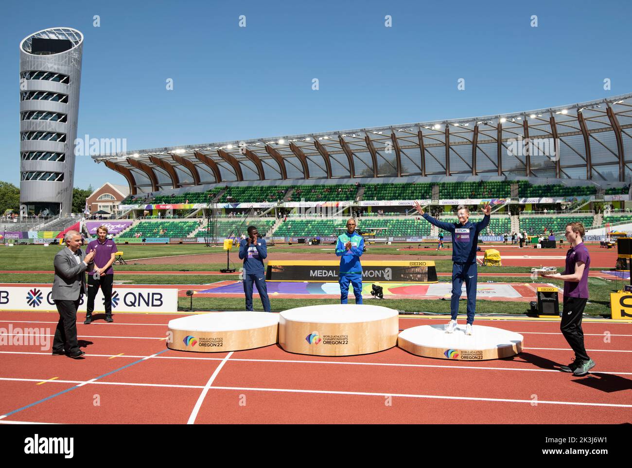 Rai Benjamin (Silver USA), Alison Dos Santos (Gold Brazil) and Trevor Bassitt (Bronze USA) in
