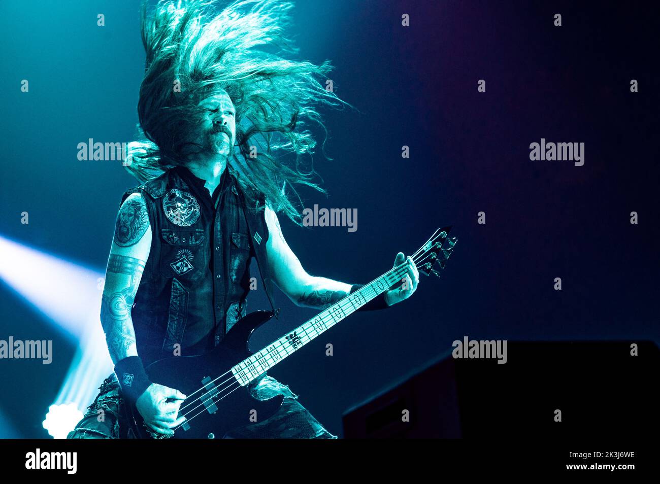 Copenhagen, Denmark. 26th Sep, 2022. The American heavy metal band Machine Head performs a live concert at Forum Black Box in Frederiksberg, Copenhagen. Here bass player Jared MacEachern is seen live on stage. (Photo Credit: Gonzales Photo/Alamy Live News Stock Photo
