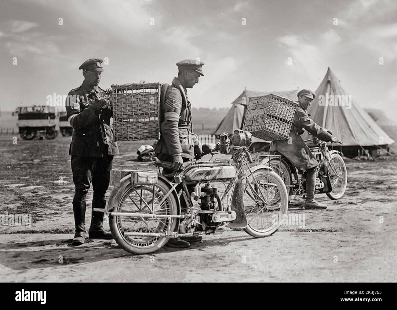 World War One military homing pigeons acted as efficient messengers and dispatch bearers not only from division to division and from the trenches to the rear. Here two soldiers with motorbikes, each with a wicker basket strapped to his back. A third man is putting a pigeon in one of the baskets. In the background there are two mobile pigeon lofts Stock Photo