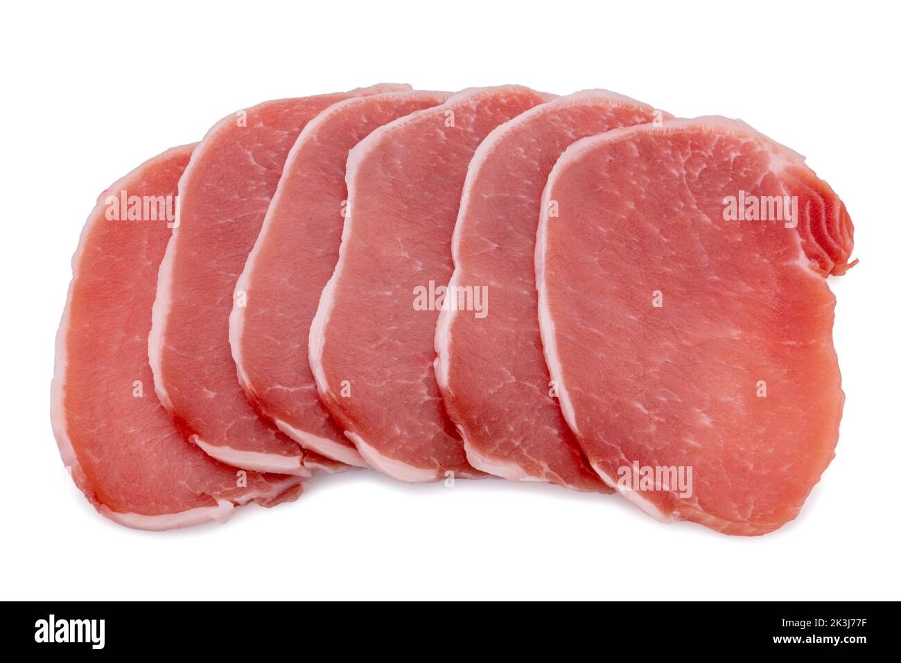 Raw pork loin steaks, slices isolated on white, clipping path Stock Photo