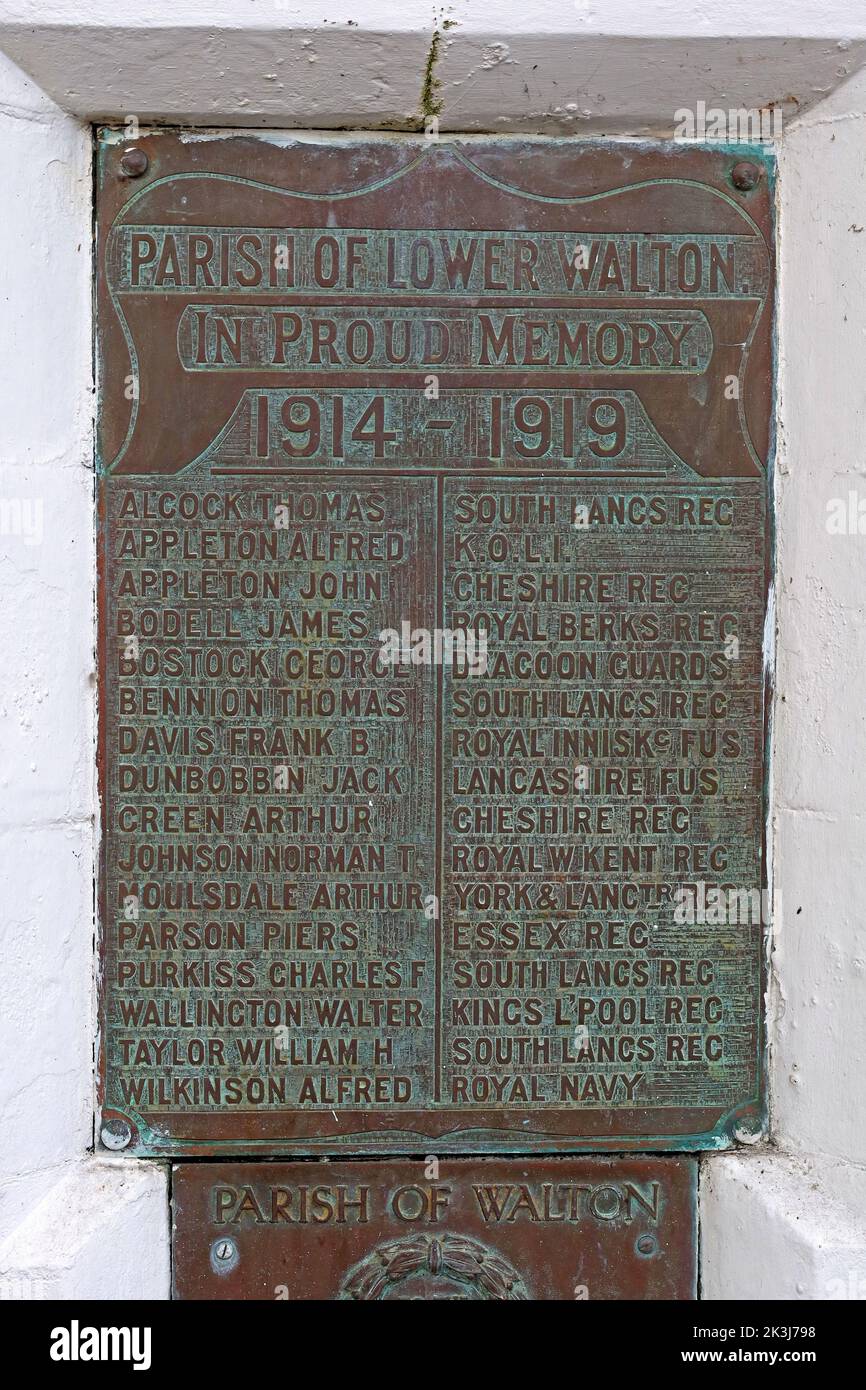 Parish of Lower Walton, war memorial ,1914 WWI, Ellesmere Road, Lower Walton, Warrington, Cheshire, England, UK, WA4 6EG Stock Photo