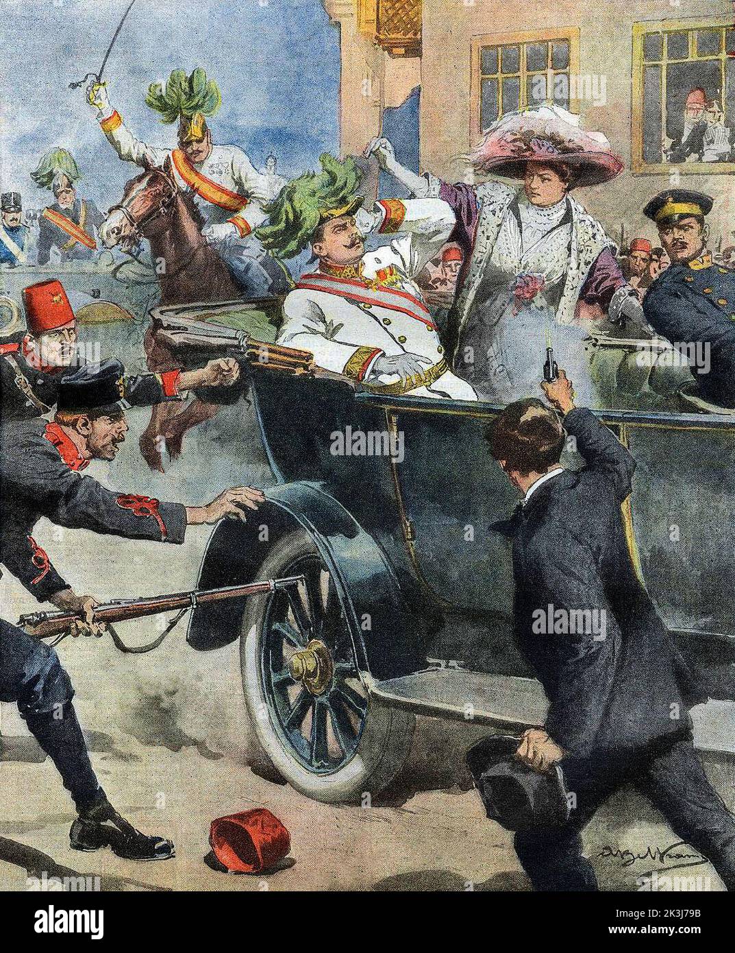 An illustration from July 1914 by Achille Beltrame of the  event widely acknowledged to have sparked the outbreak of World War I. Archduke Franz Ferdinand, nephew of Emperor Franz Josef and heir to the Austro-Hungarian Empire, shot to death along with his wife by 19-year-old Gavrilo Princip, a Serbian nationalist in Sarajevo, Bosnia, on June 28, 1914. Stock Photo