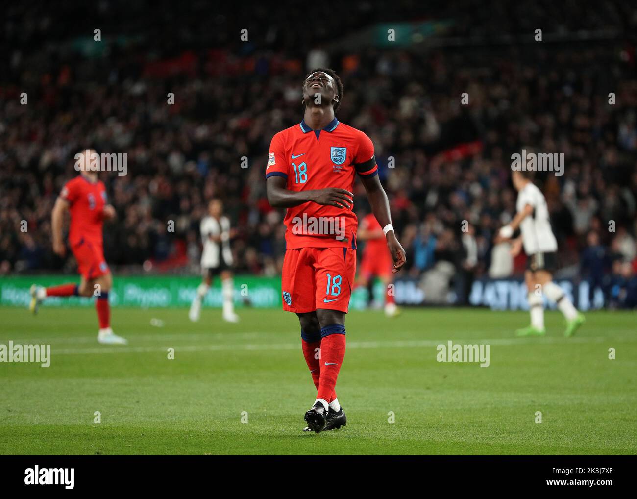 London, UK. 26th September 2022; Wembley Stadium, London, England: UEFA Nations League football, England versus Germany; Bukayo Saka of England disappointed after his shot was saved by Goalkeeper Marc-Andre ter Stegen of Germany Credit: Action Plus Sports Images/Alamy Live News Stock Photo