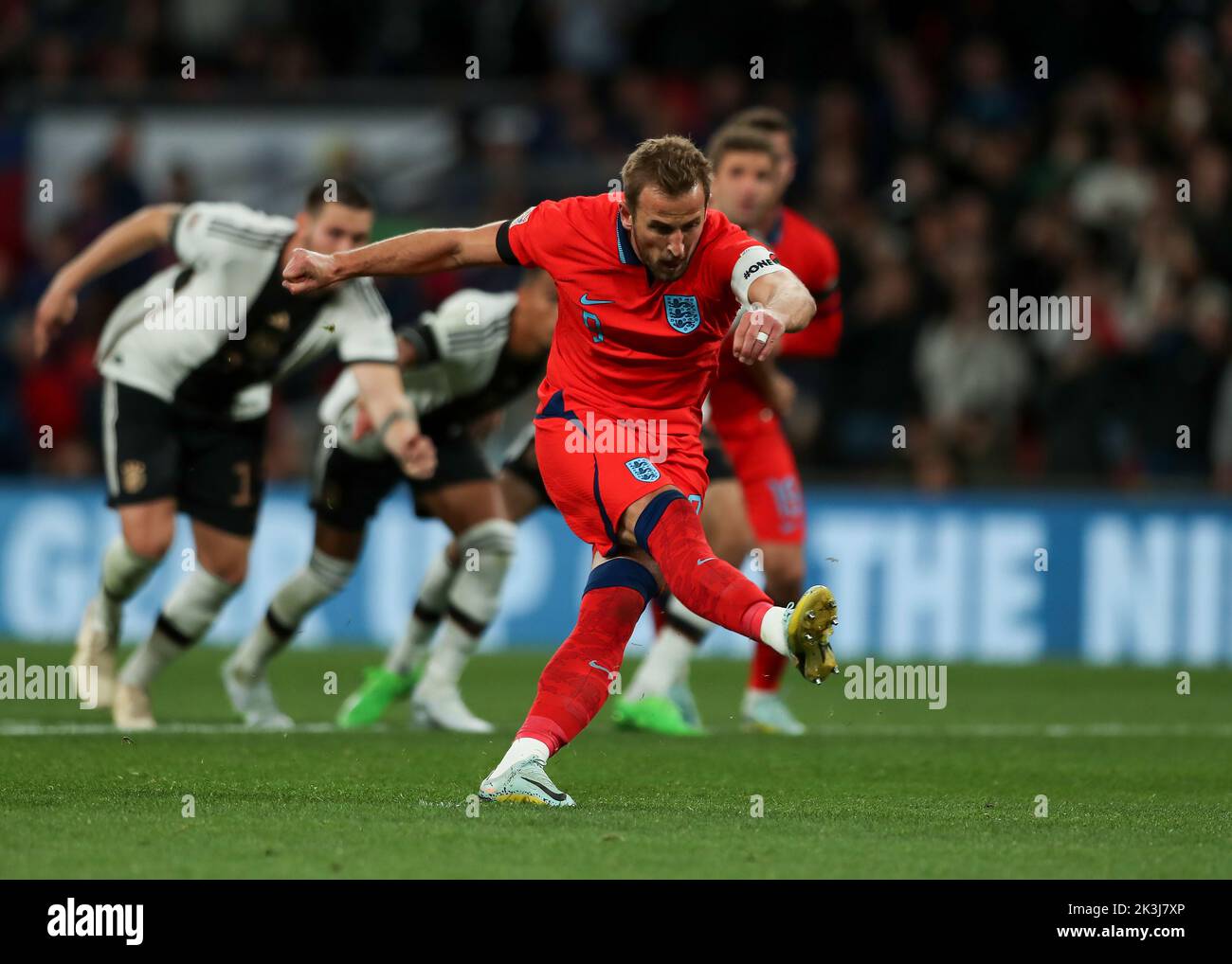 London, UK. 26th September 2022; Wembley Stadium, London, England: UEFA Nations League football, England versus Germany; Harry Kane of England shoots and scores his sides 3rd goal from a penalty in the 83rd minute to make it 3-2 Credit: Action Plus Sports Images/Alamy Live News Stock Photo
