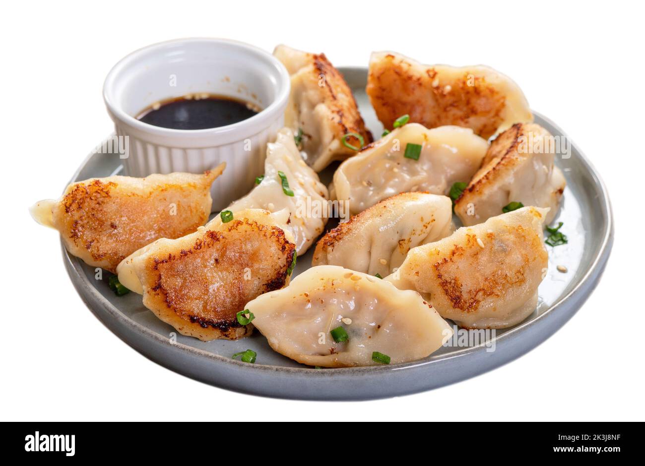 Taiwanese and Japanese Panfried gyoza dumpling jiaozi food in a plate