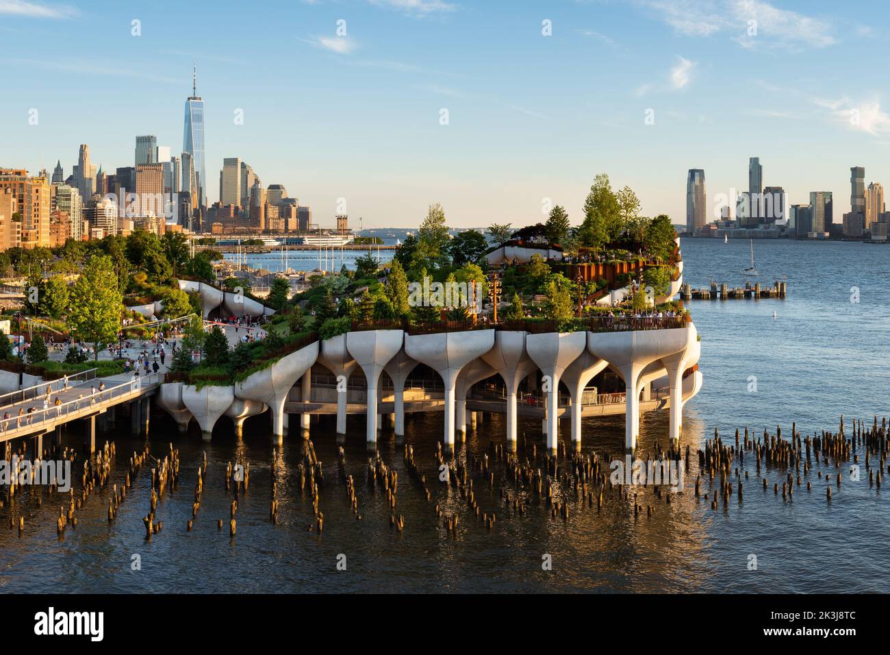 New York City, Little Island public park in afternoon. Elevated park with amphitheater at Hudson River Park (Pier 55), West Village, Manhattan Stock Photo