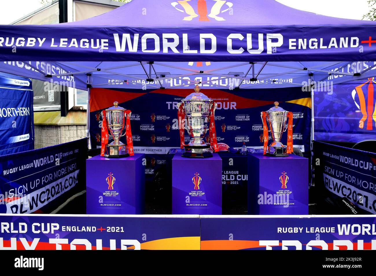 The 2021 Rugby League World Cups are on display in Newcastle before the start of the opening day featuring hosts England against Samoa at St James Park. the UK Stock Photo