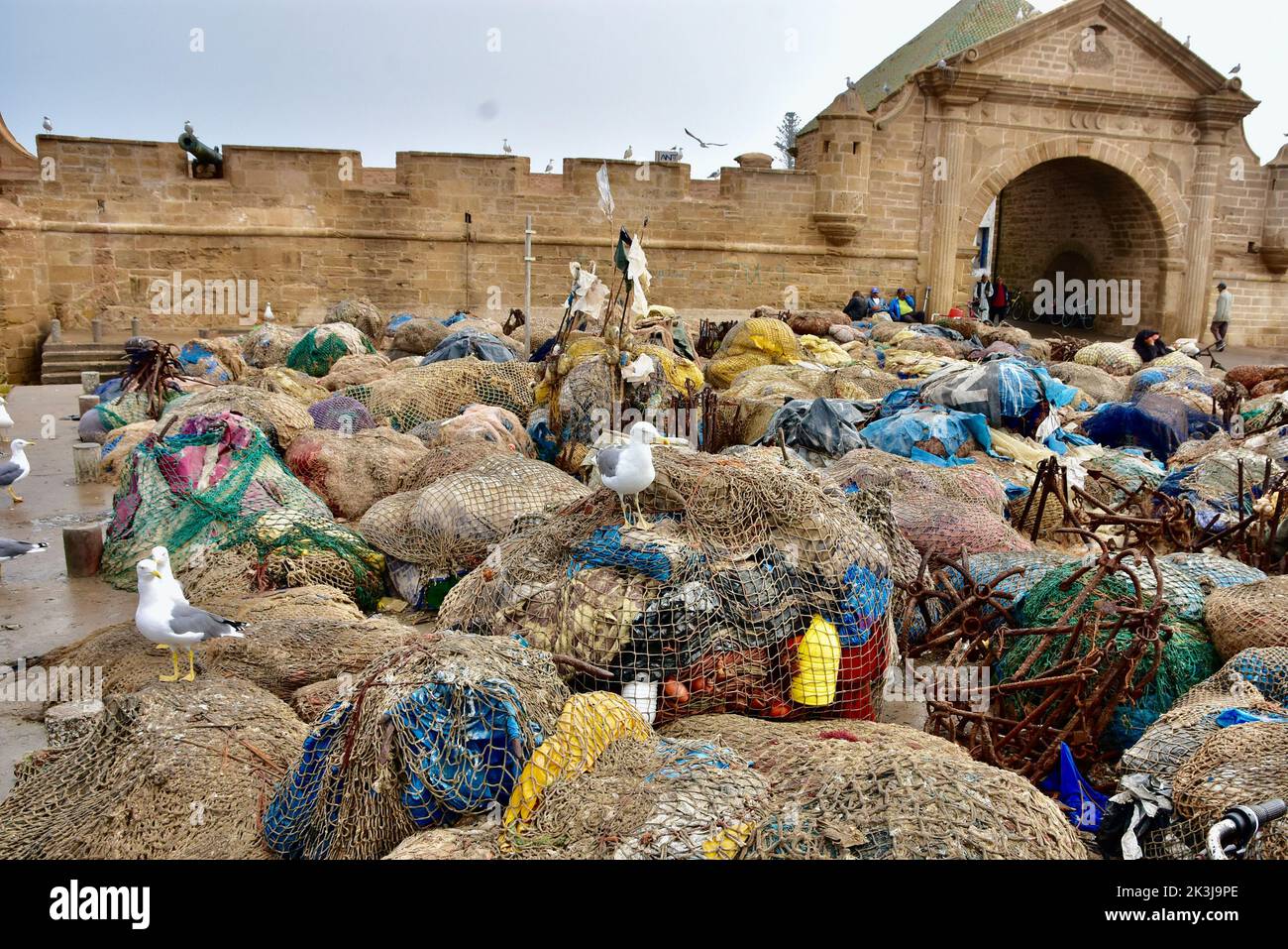 A picture taken close to the Skala du Port in Essauira showing tangled trowls and seagulls looking for food Stock Photo