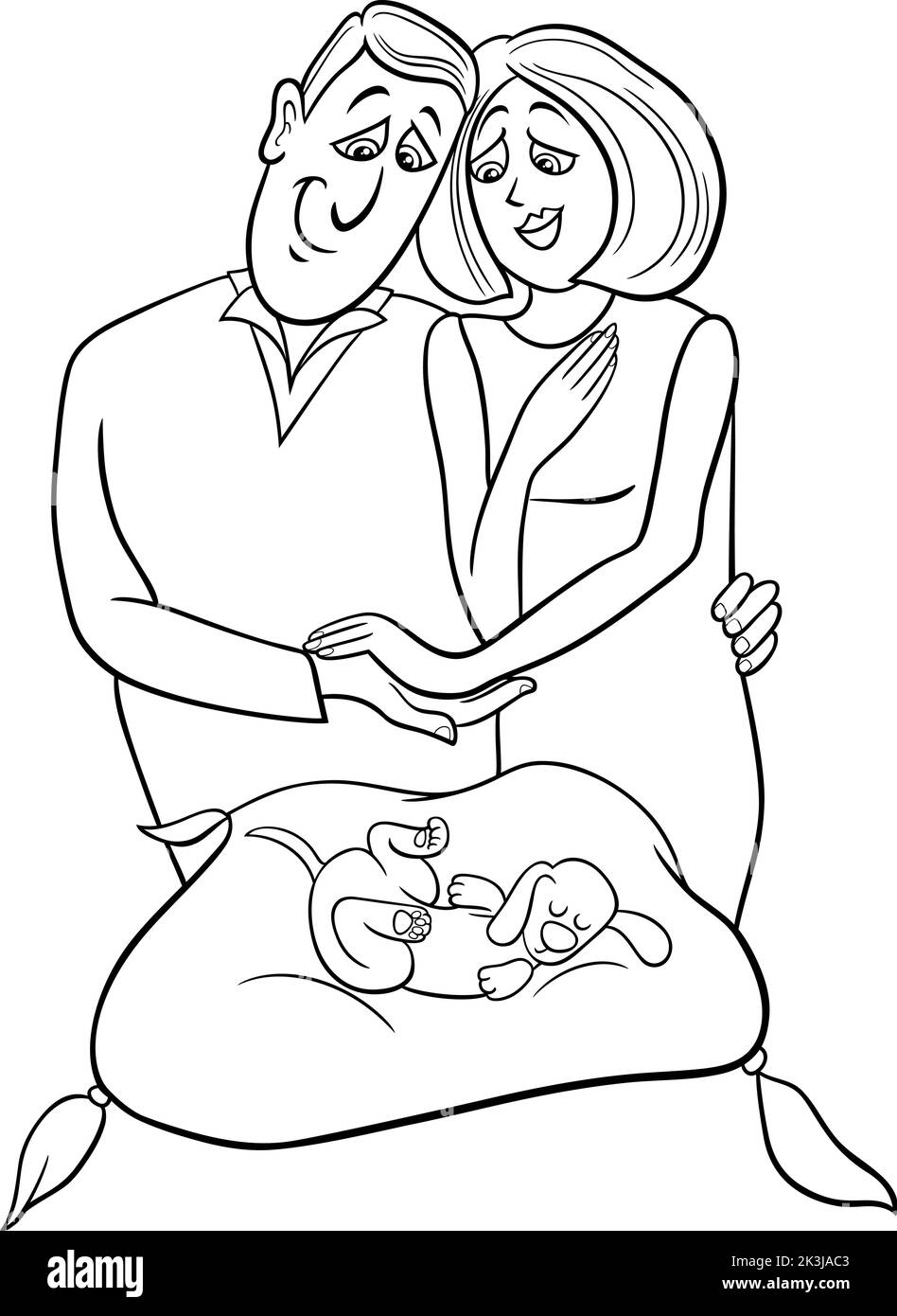 Black and white cartoon illustration of pet owners couple and sleeping little puppy coloring page Stock Vector