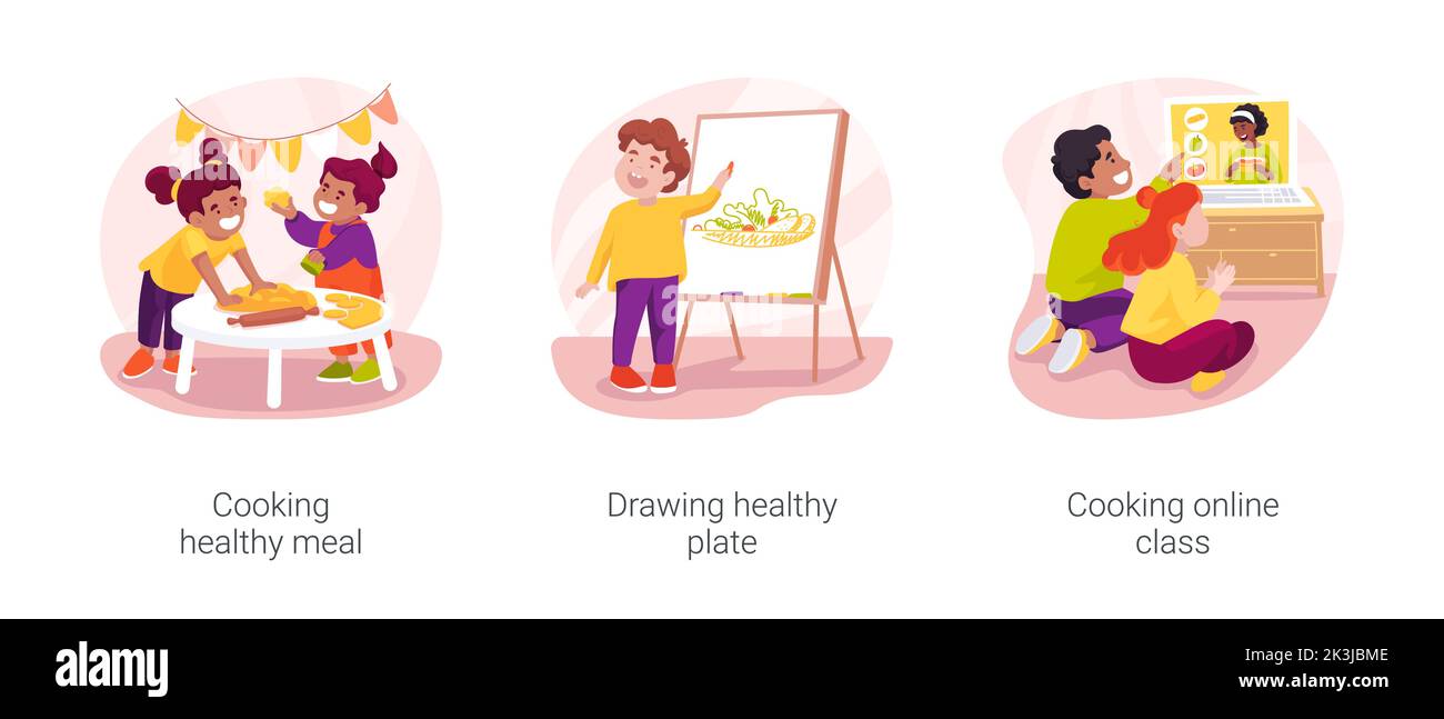 Gradeschoolers eating habits isolated cartoon vector illustration set ...