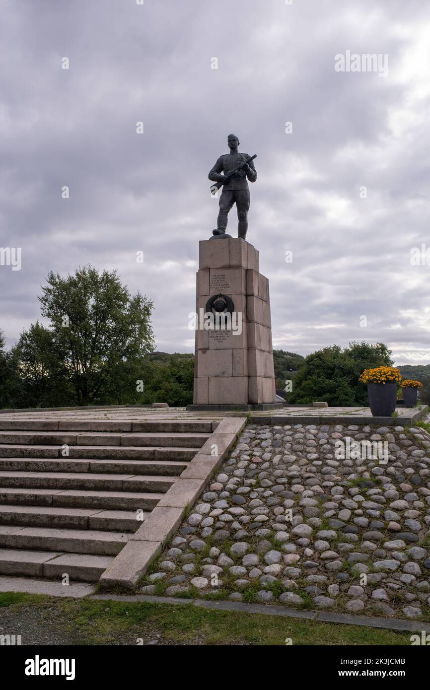 Kirkenes, Norway - August 5, 2022: Beautiful scenery of Vardo town and surroundings in the Finnmark.  Soviet Liberation Monument. Second World War. Su Stock Photo