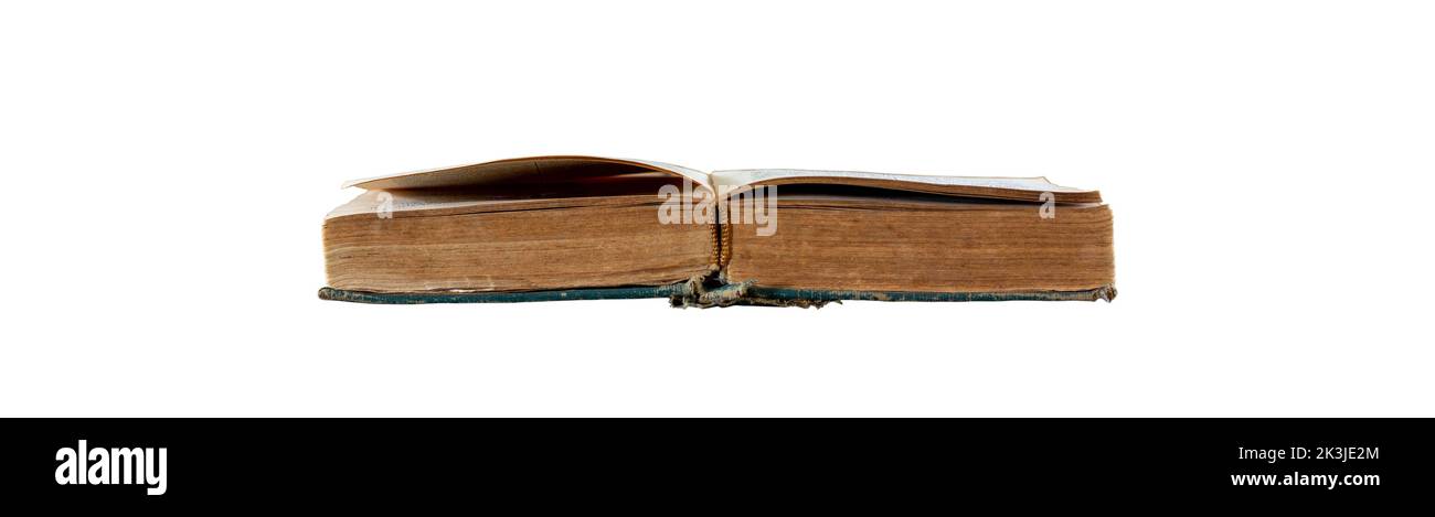 an old open book isolated on a white background close up with clipping path Stock Photo