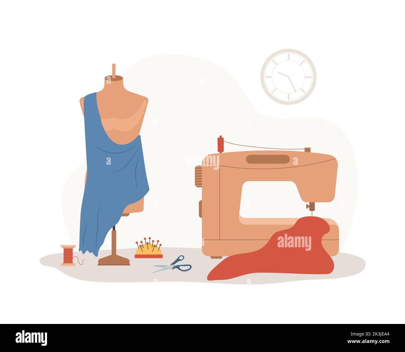 Sewing concept. Sewing machine and mannequin. Seamstress accessories for handmade clothing store or atelier. Vector illustration in flat cartoon style Stock Vector