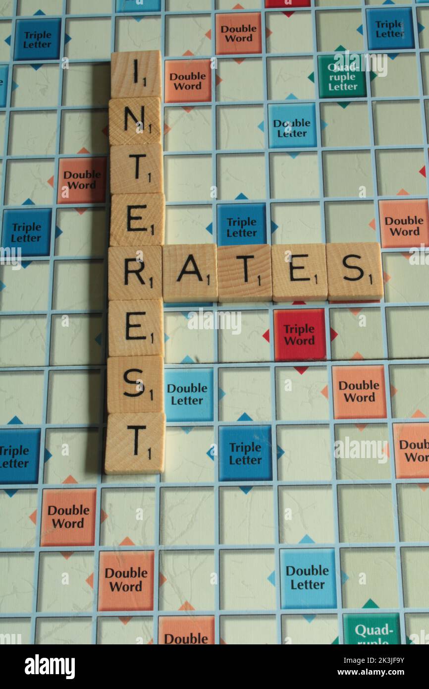The words interest rates isolated on a scrabble board, 27-09-2022 Lancashire, UK Stock Photo