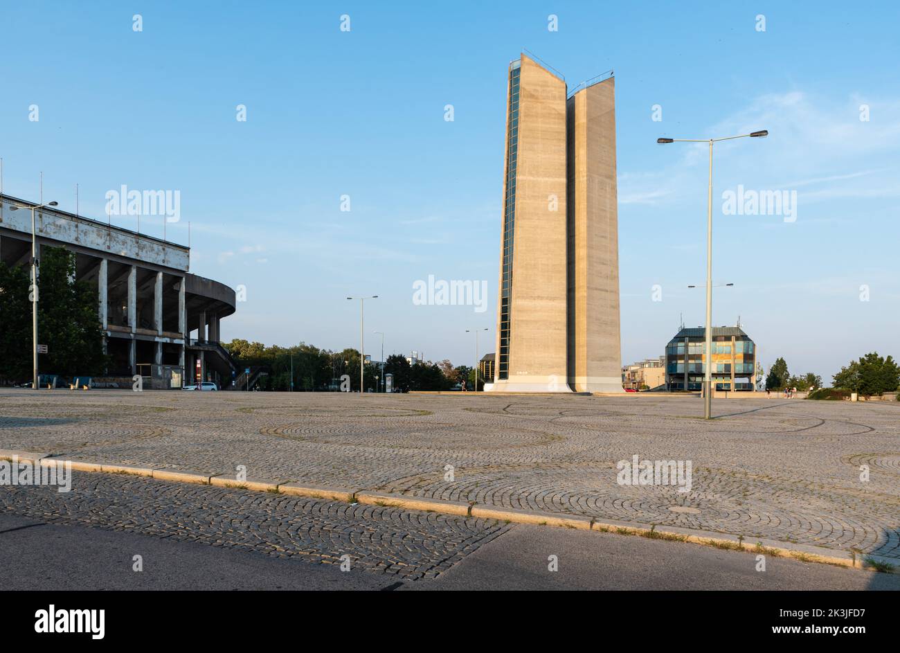 Prague - Czech Republic -  The ventilation tower of the Strahov tunel and the abandoned square, August 9, 2020 Stock Photo
