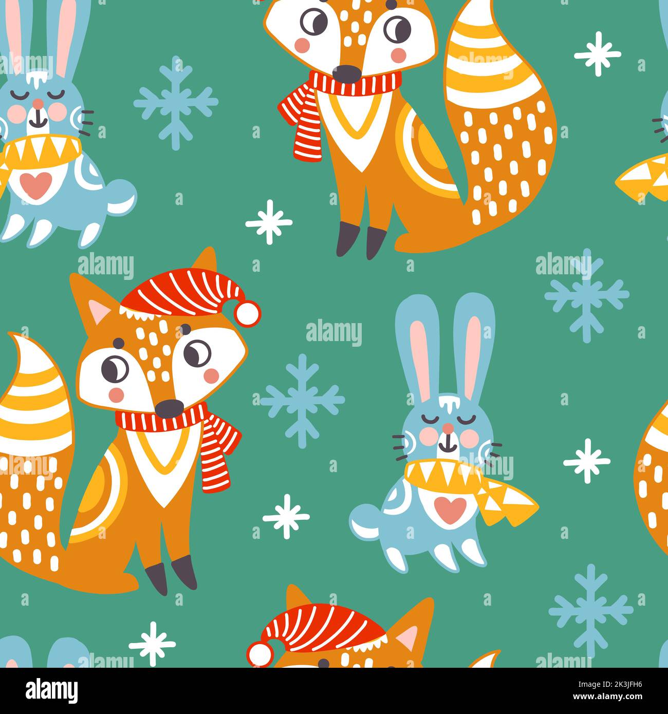 Seamless pattern christmas fox, rabbit and plants on green background