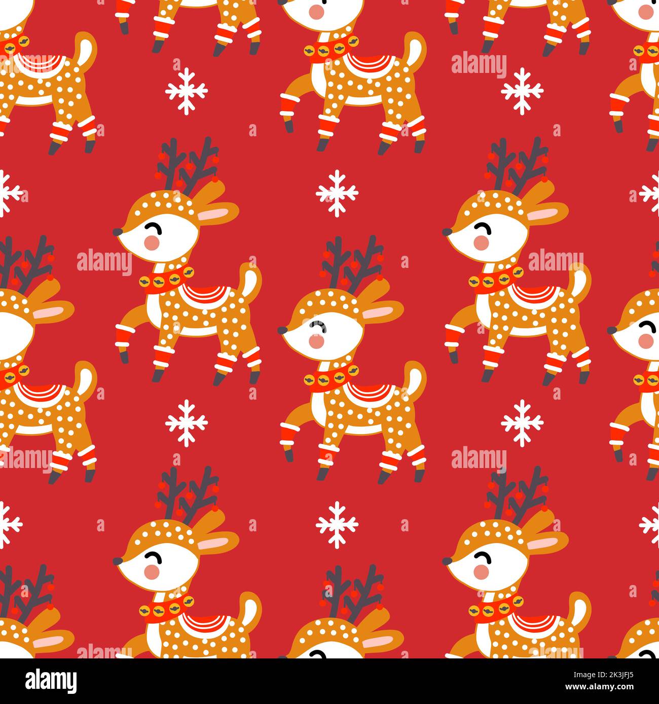 Seamless pattern christmas deers and snowflakes on red background ...
