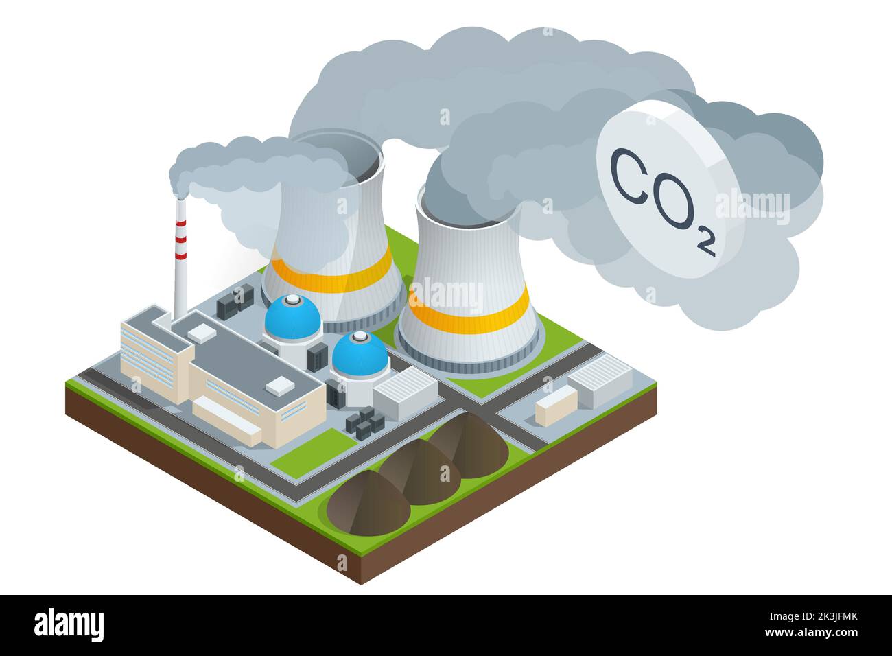 Isometric industrial chimneys with heavy smoke causing air pollution ...