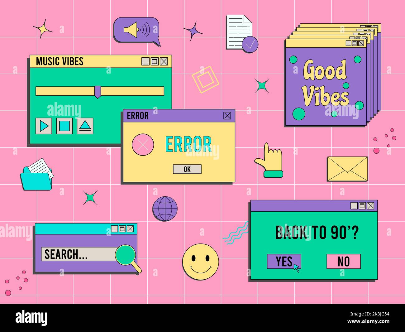 Set of vaporwave UI and UX elements. PC retro game frame. Nostalgic