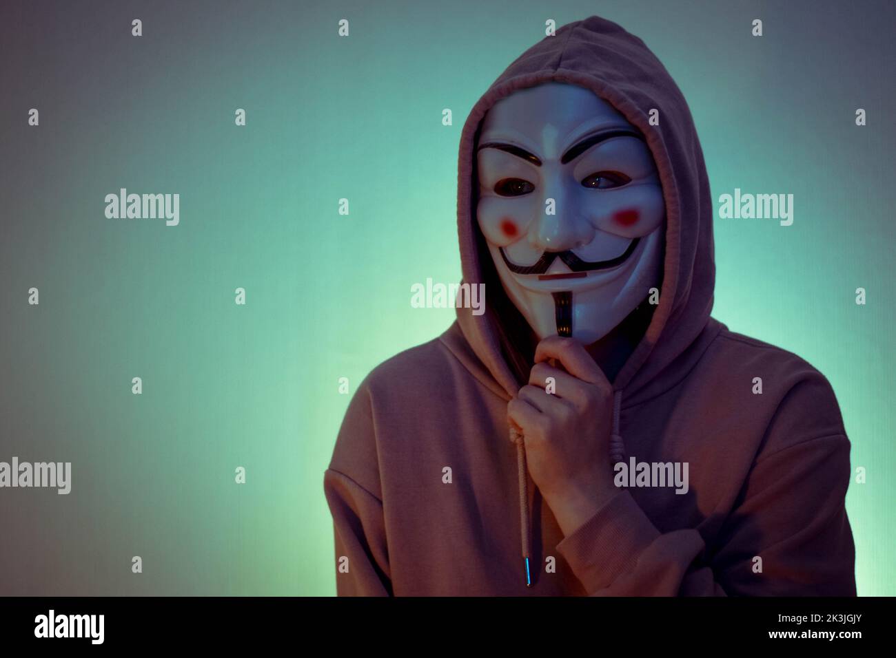 A portrait of a person wearing a hoodie and the Guy Fawkes mask Stock Photo