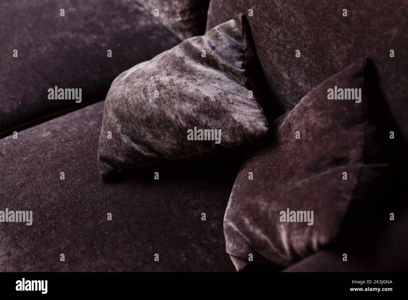 Velvet texture, dark grey gloss fabric, expensive luxury material, sofa and pillows of soft