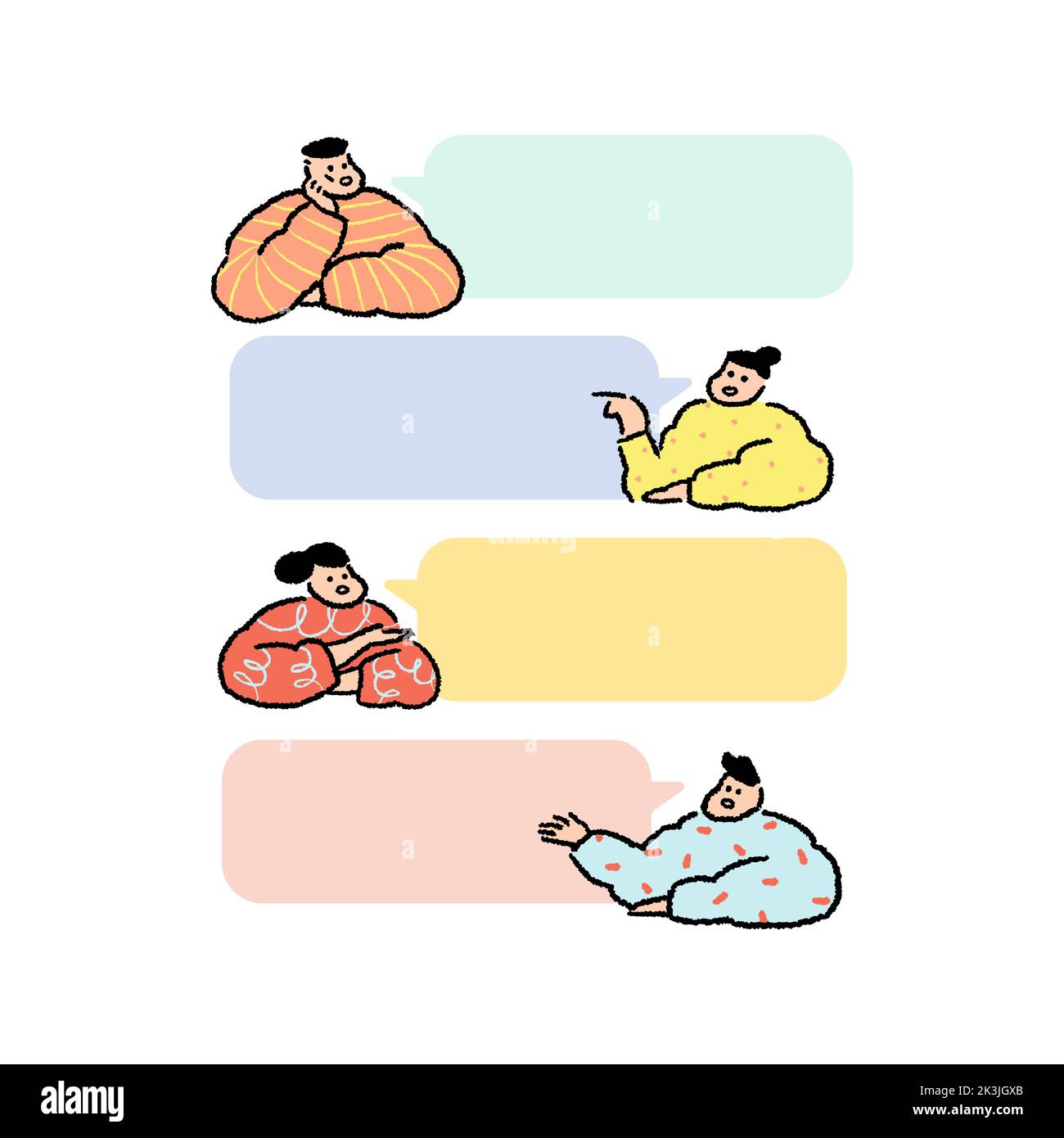 Set of people talking with blank speech bubbles in cartoon style. Hand drawn vector illustration