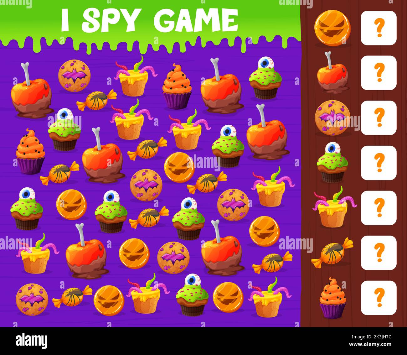 Halloween spy game. Sweets, cookie and cakes. Child counting puzzle