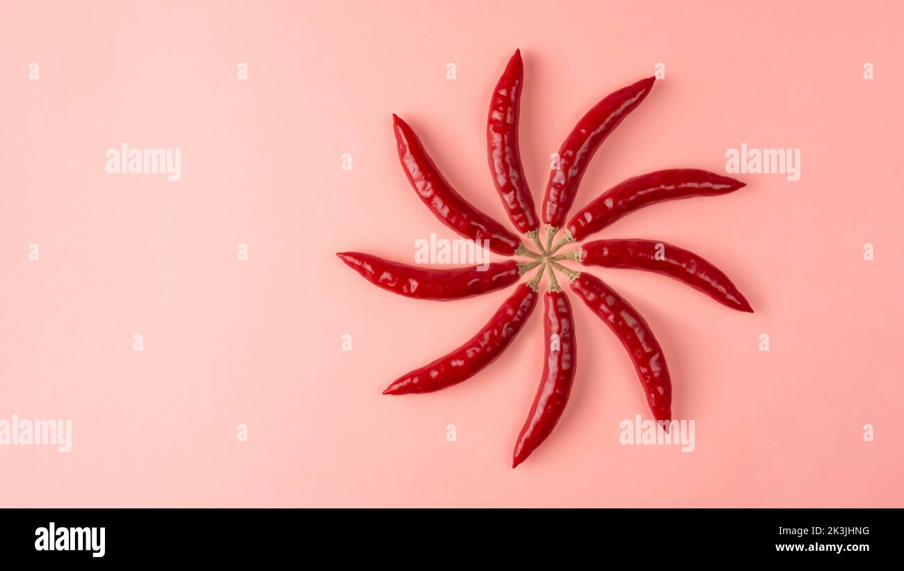 red chillies pattern on light pink background, ripe common vegetable used for their spicy taste, taken from above with copy space Stock Photo