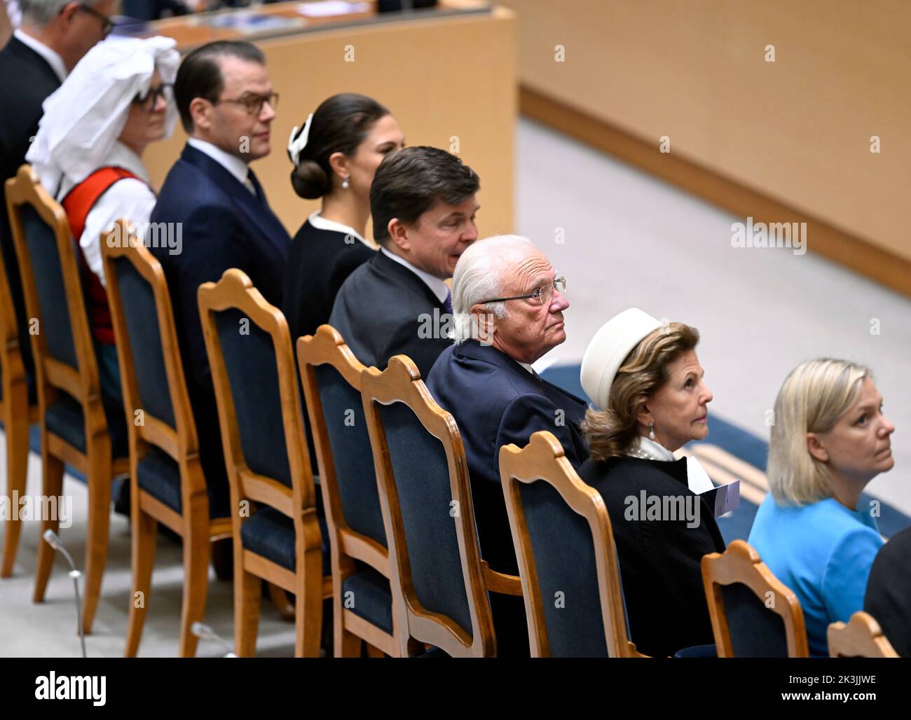 Prince Daniel, Crown Princess Victoria, The Speaker Andreas Norlén, King Carl XVI Gustaf, Queen Silvia and Prime Minister Magdalena Andersson during the opening of the Riksdag session in Stockholm, Sweden, September 27, 2022.Photo: Anders Wiklund / TT / code 10040 Stock Photo