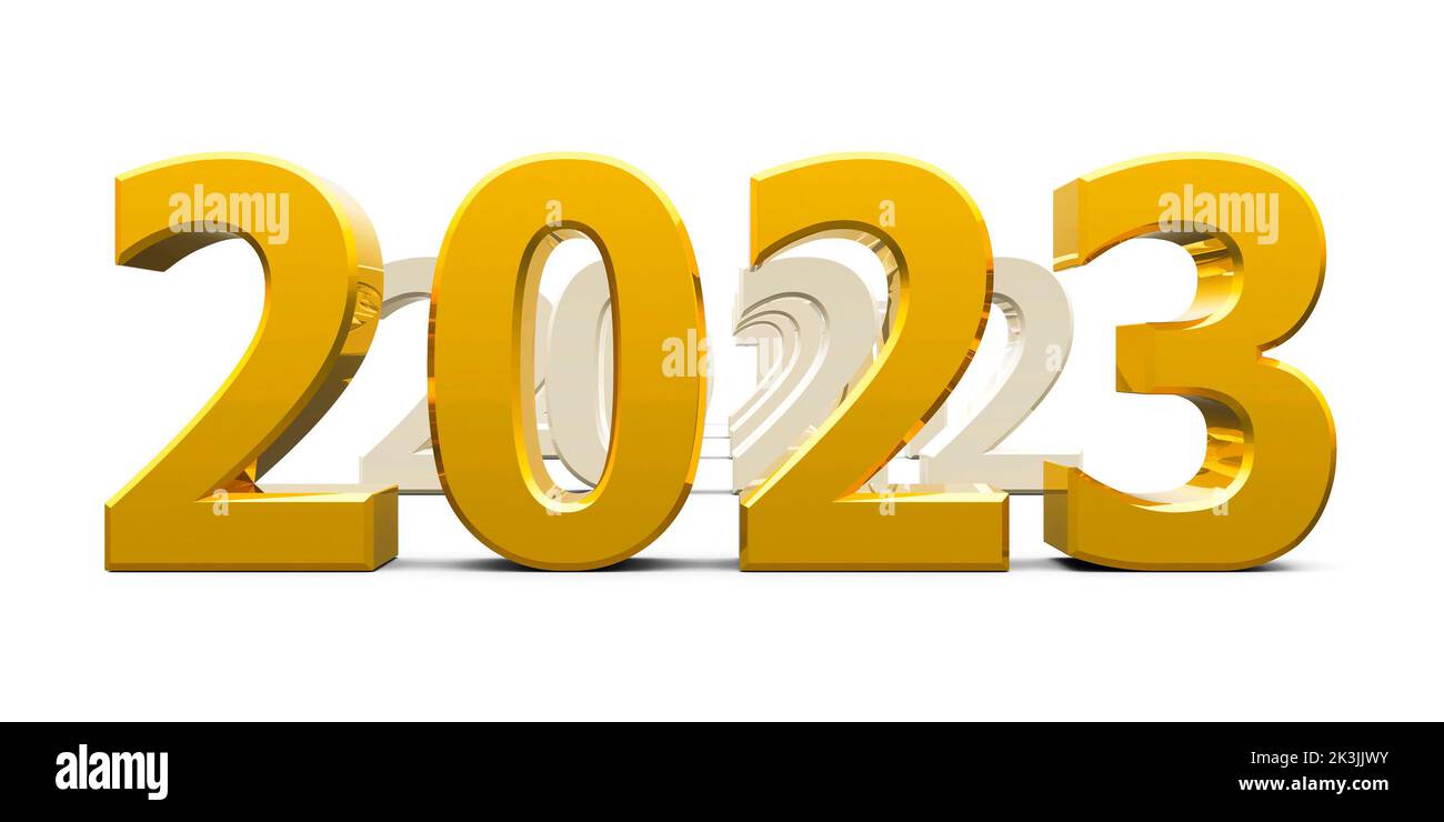 Gold 2023 come represents the new year 2023, three-dimensional rendering, 3D illustration Stock Photo