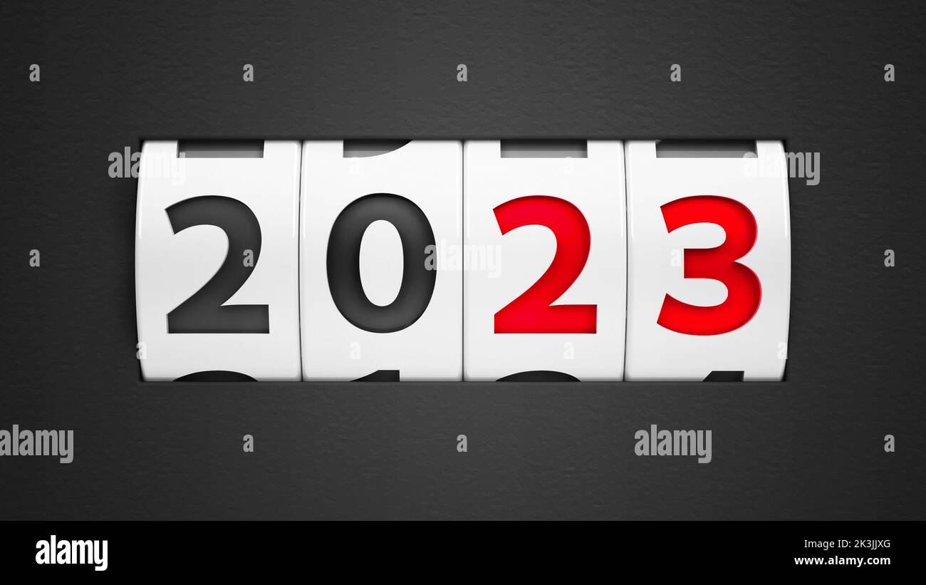 Design component of a counter dial that is showing the year 2023, three-dimensional rendering, 3D illustration Stock Photo