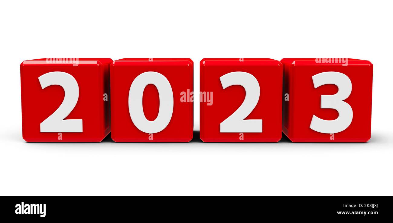 Red cubes with number - 2023 - on a white table, three-dimensional rendering, 3D illustration Stock Photo