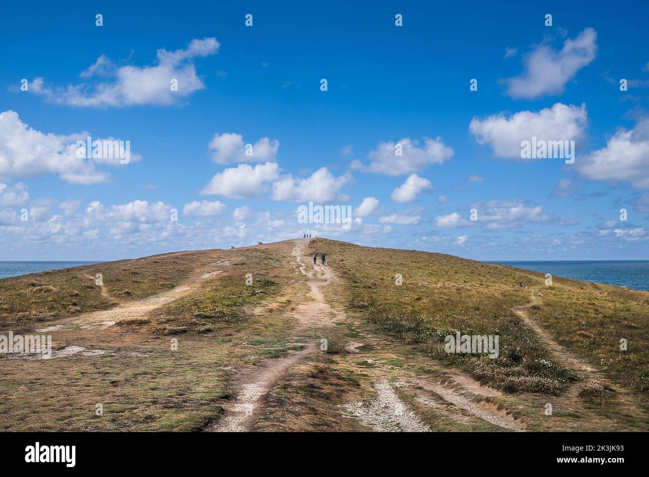 Worn footpaths leading up to the summit of Pentire Point East in ...