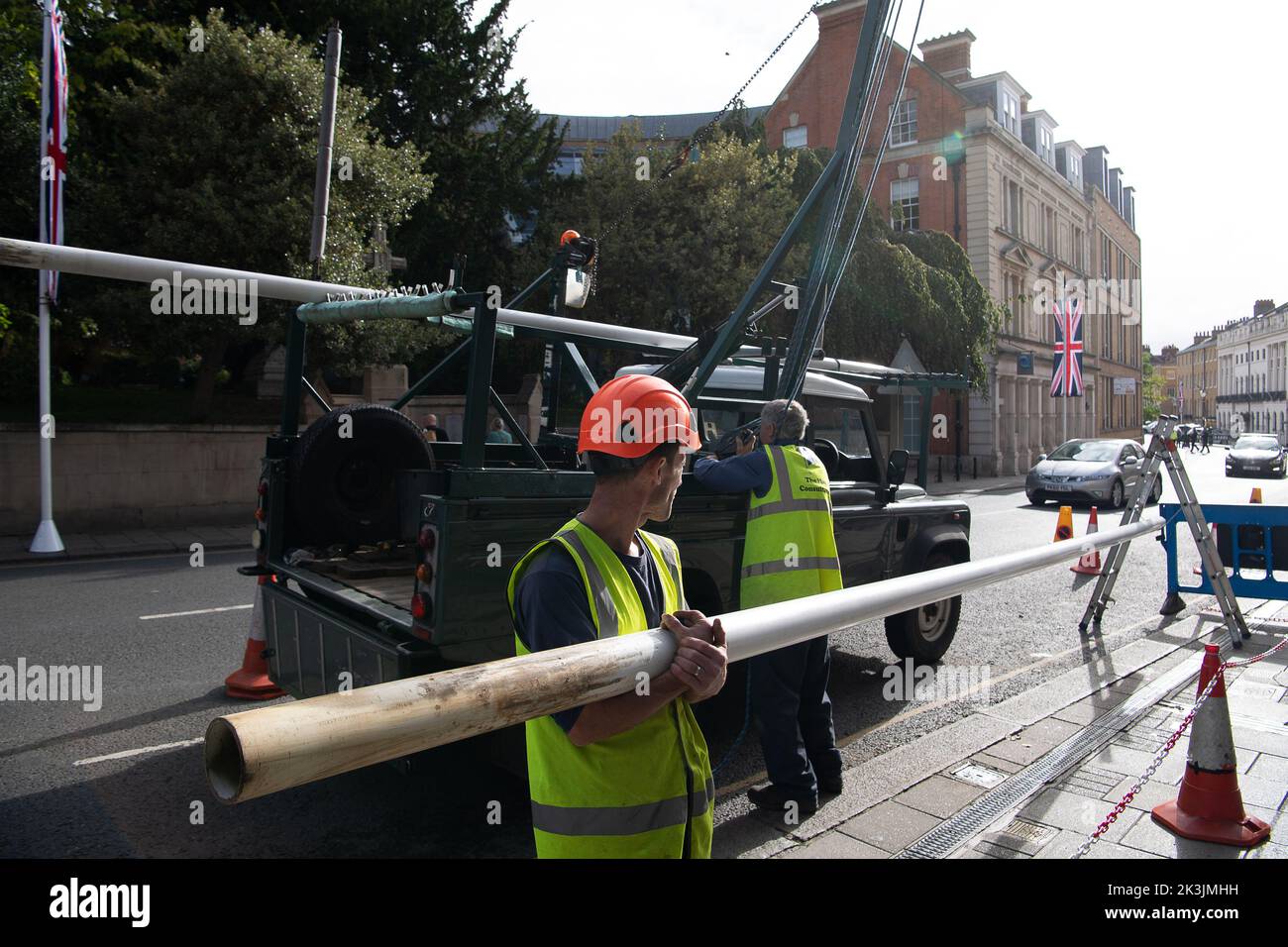 Windsor, Berkshire, UK. 27th September, 2022. Following the death of Her Majesty the Queen, the Royal Mourning period has now ended and so the ceremonial Union Jacks that had been installed around Windsor for the Royal Funeral, were being taken down today. Credit: Maureen McLean/Alamy Live News Stock Photo