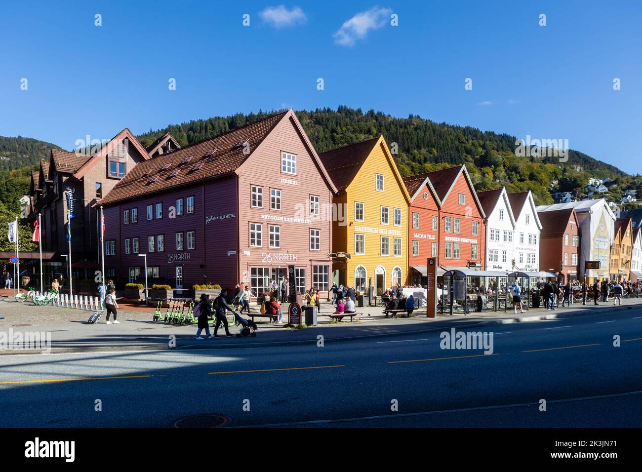 Bergen, Norway, 19th Sep, 2022: Pedestrians in Bradbenken Street, Bryggen. Stock Photo