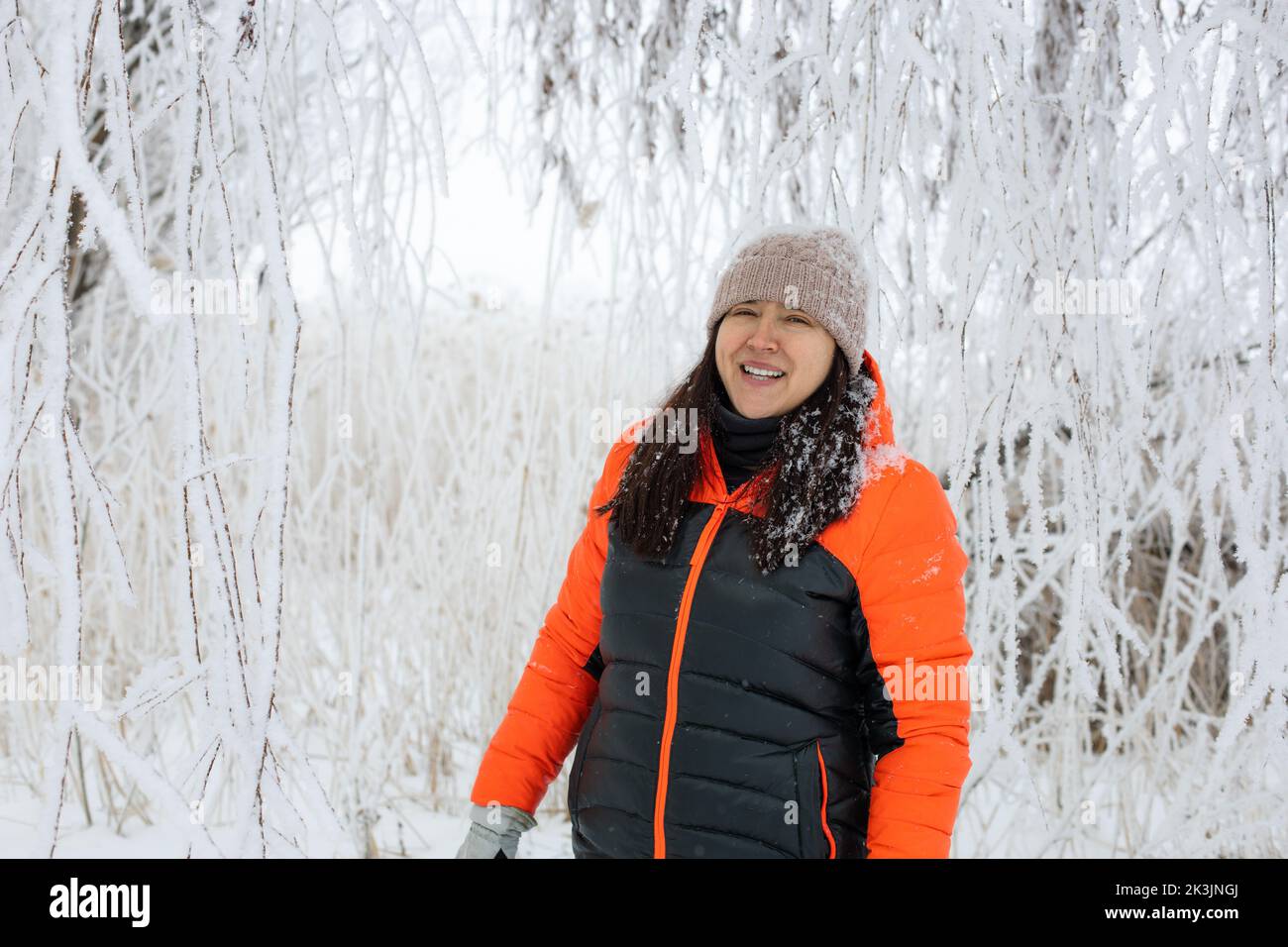 Shining woman of middle age smiling and looking at camera with twigs covered with snow in background on walk in snowy forest. Magic winter time full Stock Photo