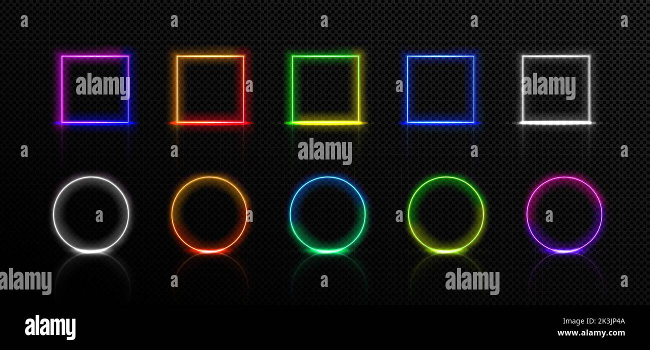 Neon frames, isolated colorful led square and round borders. Red, green ...