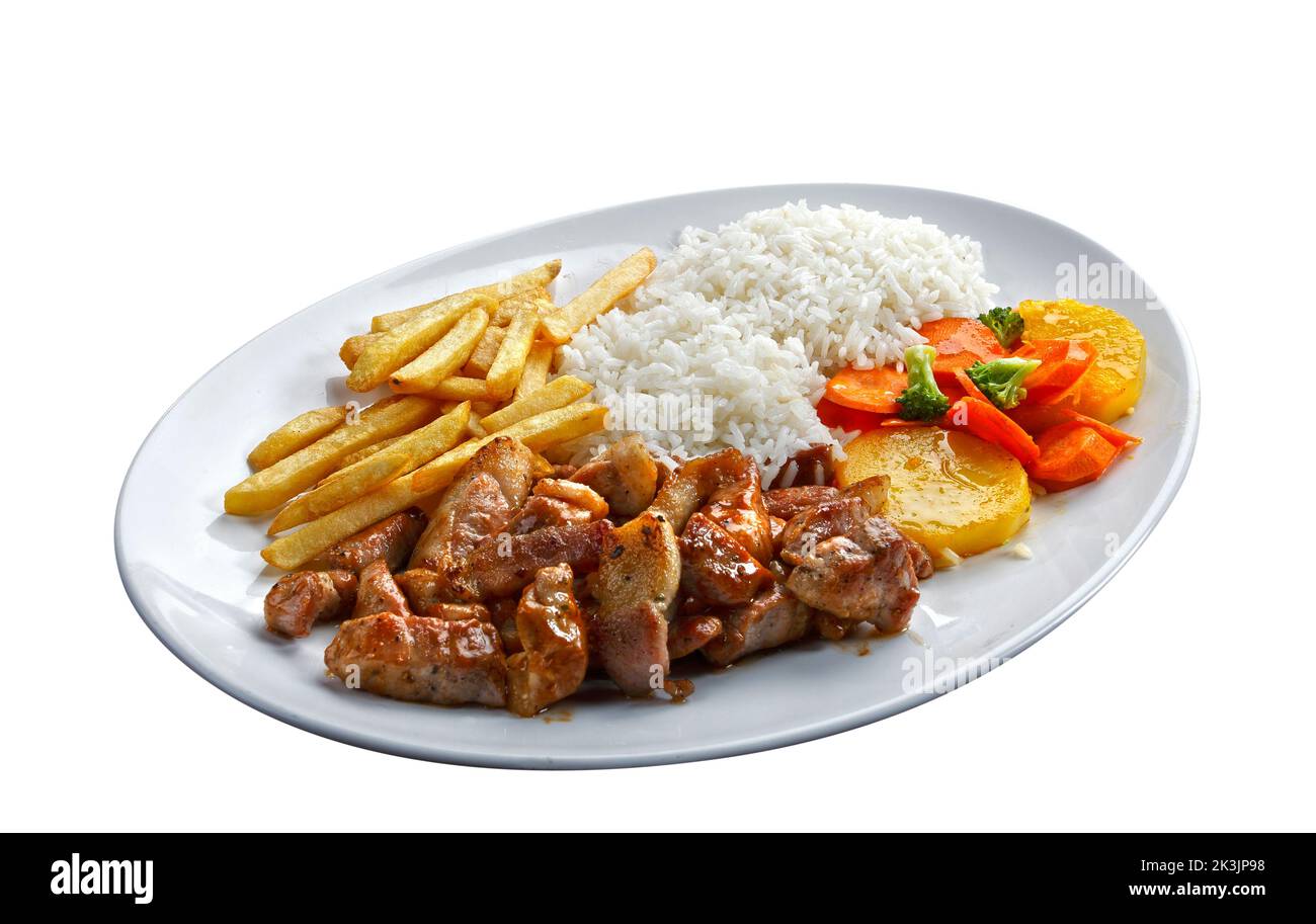 pork with rice and potatoes Stock Photo Alamy