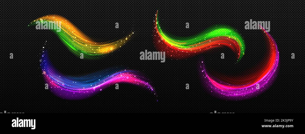 Colorful light trails with sparkles, shiny motion effect lines isolated on transparent background. Magic wavy and curved glowing stripes with sparks, vector realistic illustration Stock Vector