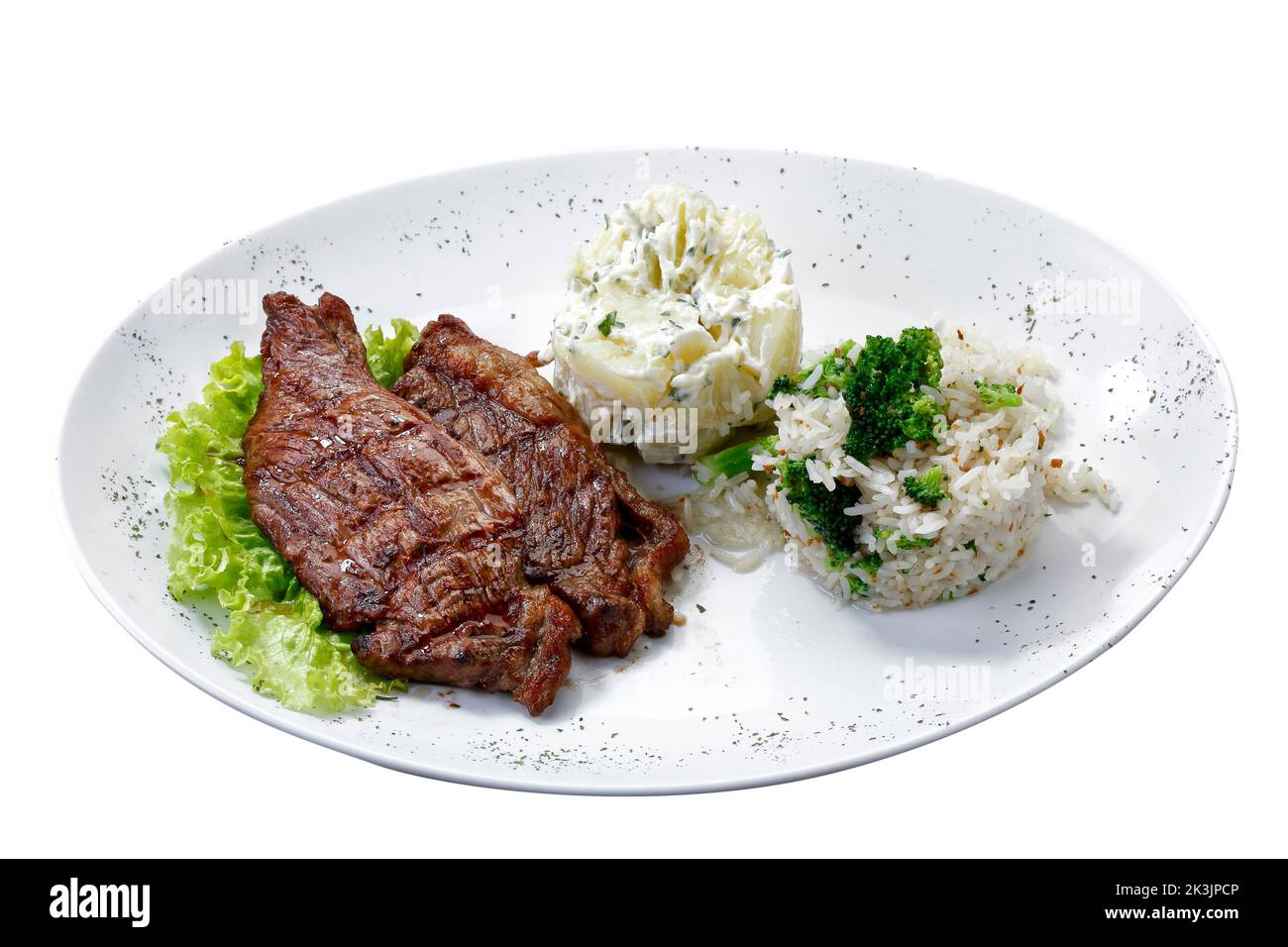 Beef steak with potatoes and rice in isolated white background Stock ...