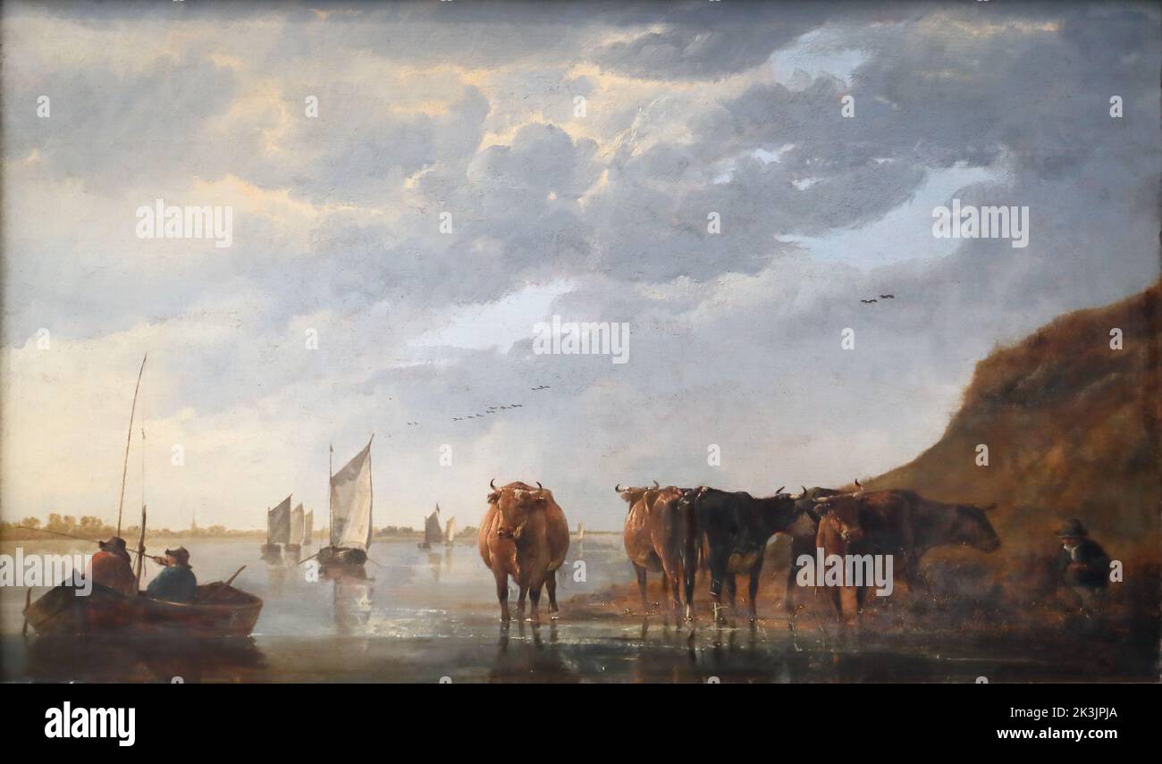 A Herdsman with five Cows by a River by Dutch Golden Age painter Aelbert Cuyp at the National Gallery, London, UK Stock Photo