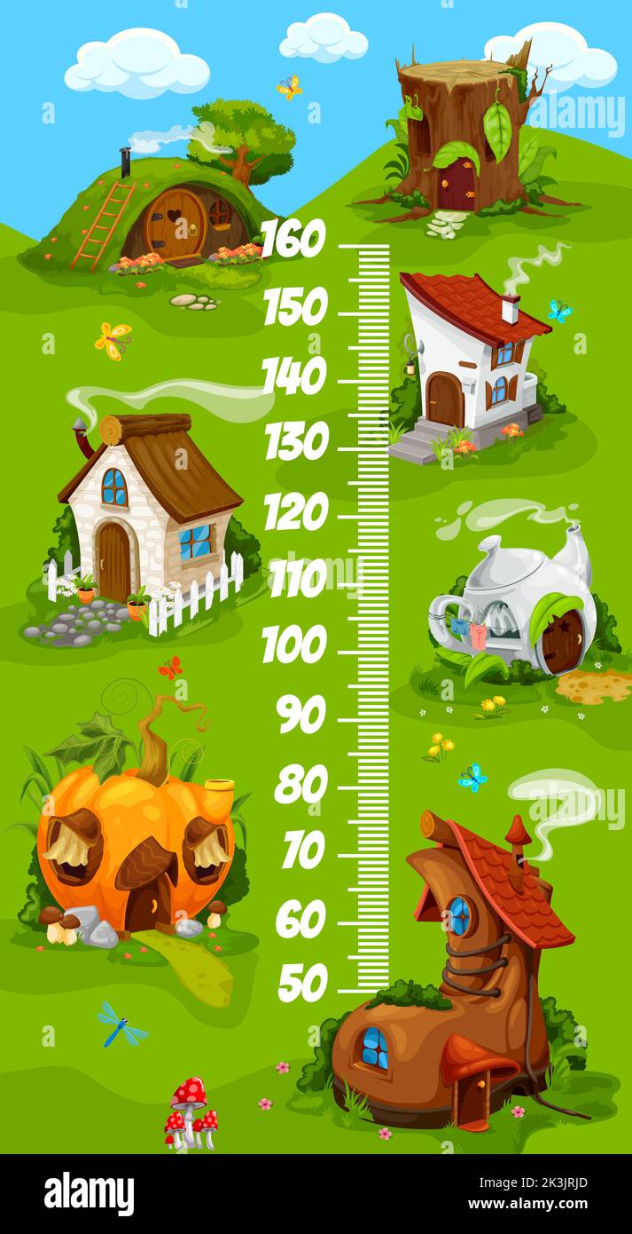 Kids height chart with cartoon fairy homes dwellings. Growth measure