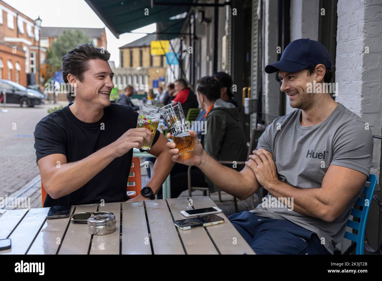 Men drinking beer in the garden of a Pub in Wimbledon, Southwest London, England, United Kingdom Stock Photo